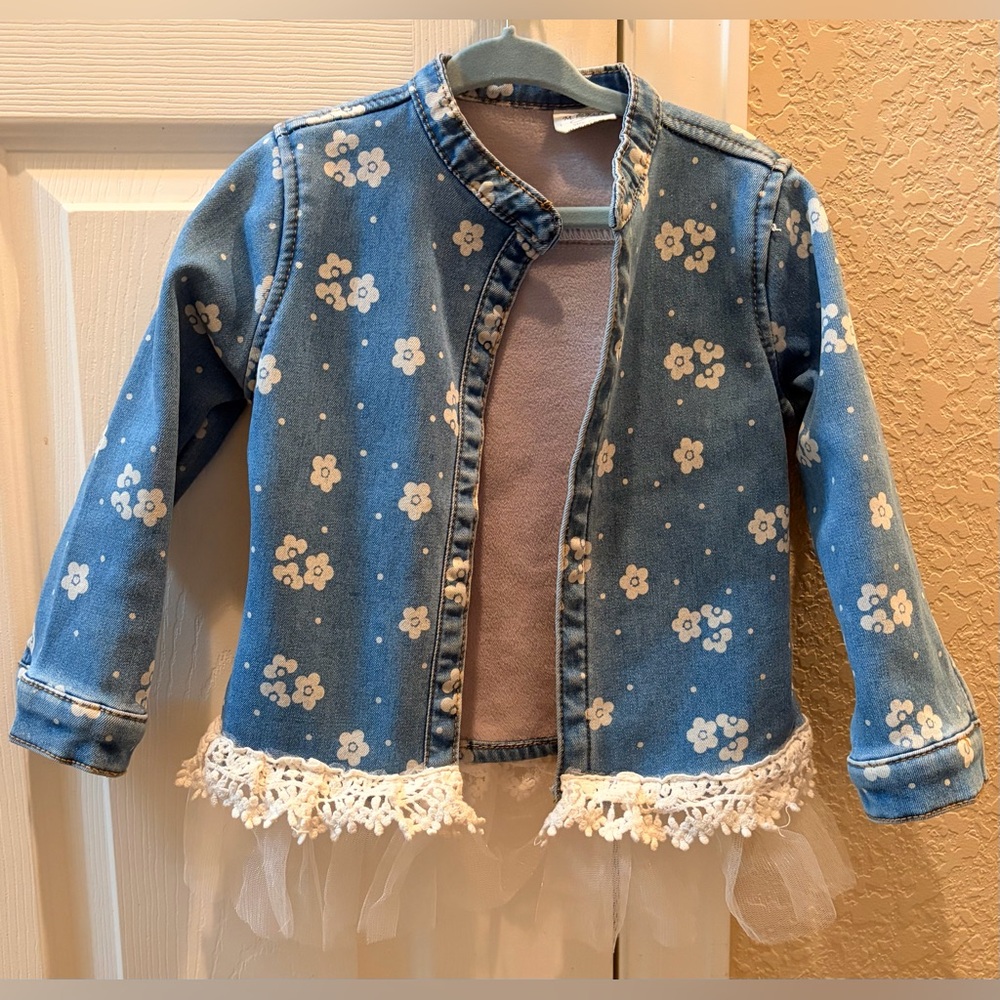 M. L. Kids Girls' Blue Floral Denim Jacket with Lace & Tulle Trim